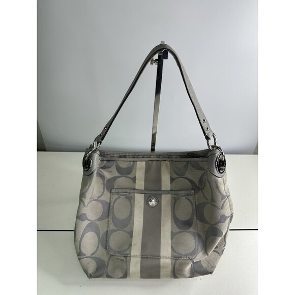 DAMAGED Coach Signature C Monogram Medium Tote Gray White Stripe Down Middle - Picture 2 of 15